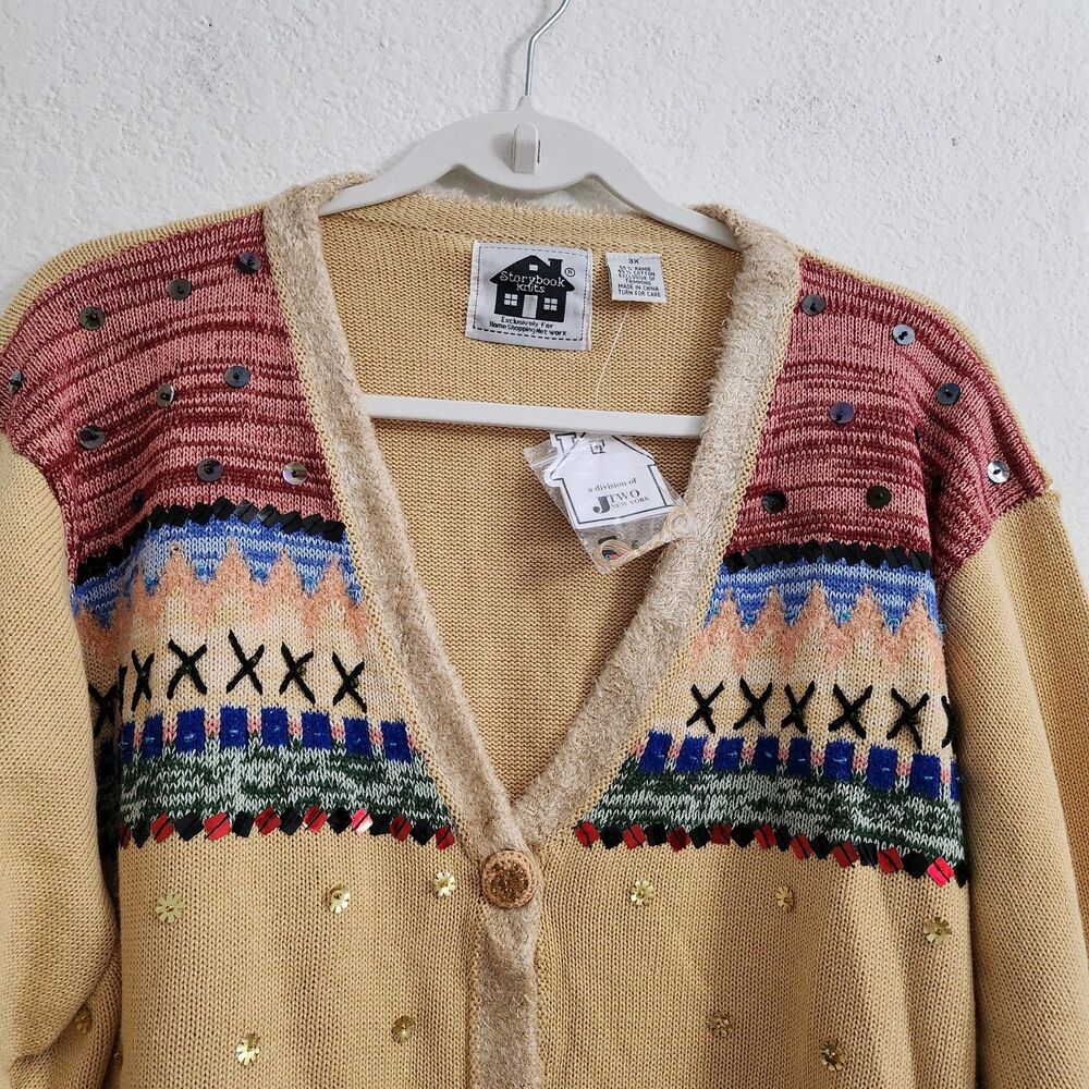 Storybook Knits Cardigan 3X Tan Fair Isle Sweater Sequin Grandmacore NWT Vintage - Picture 5 of 9